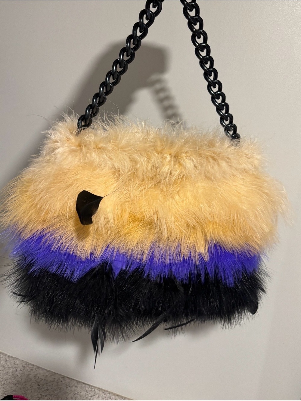 Betsey Johnson Yellow, Purple & Black Faux Fur Chain Shoulder Bag